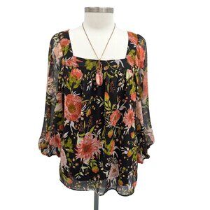 Lauren Conrad XL Floral Chiffon Blouse Black Coral Square Neck Sheer Lined Boho